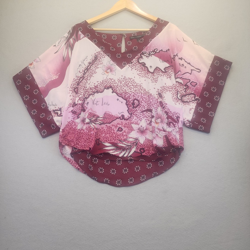 White House Black Market XS Tropical Island Map Floral Dolman Top Pink Burgundy